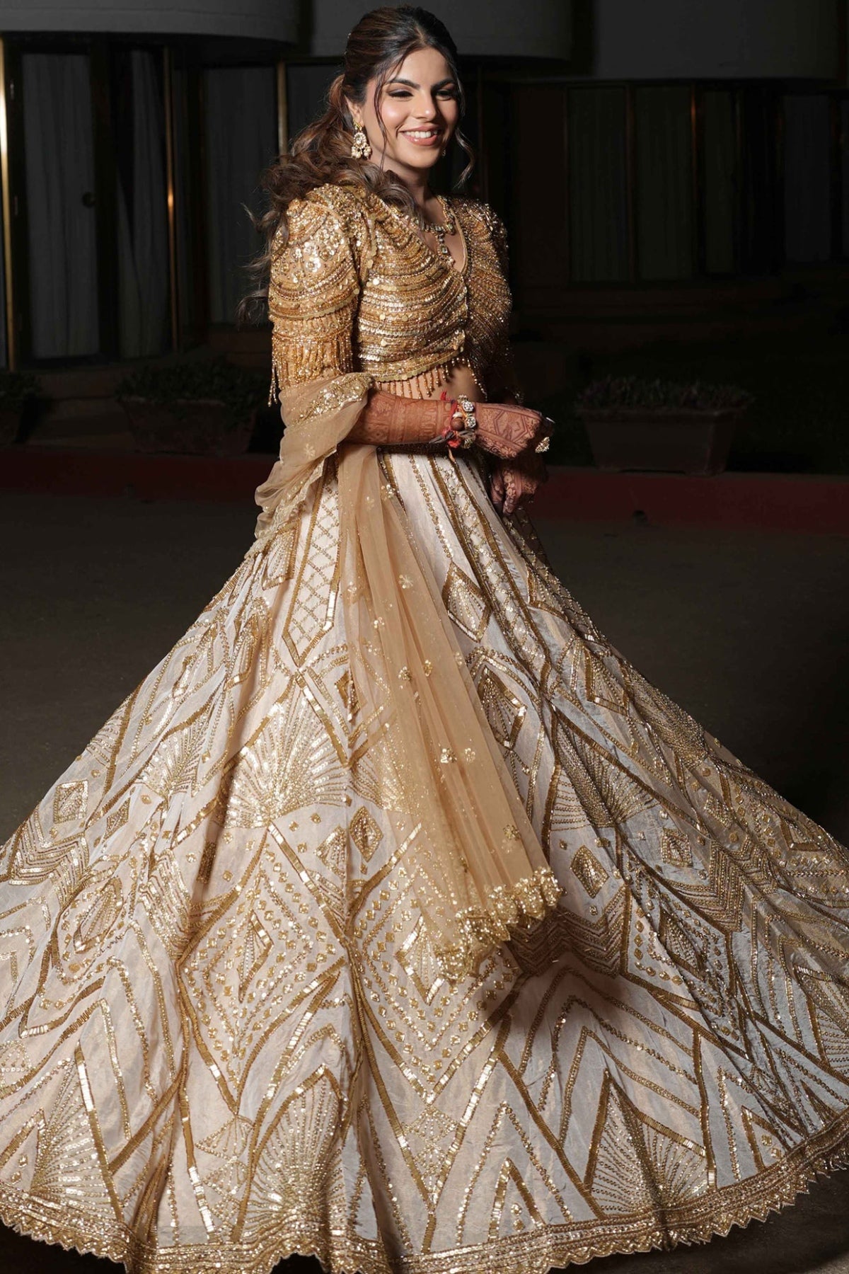 Cream & Gold Tissue Hand Embroidered Lehenga Set
