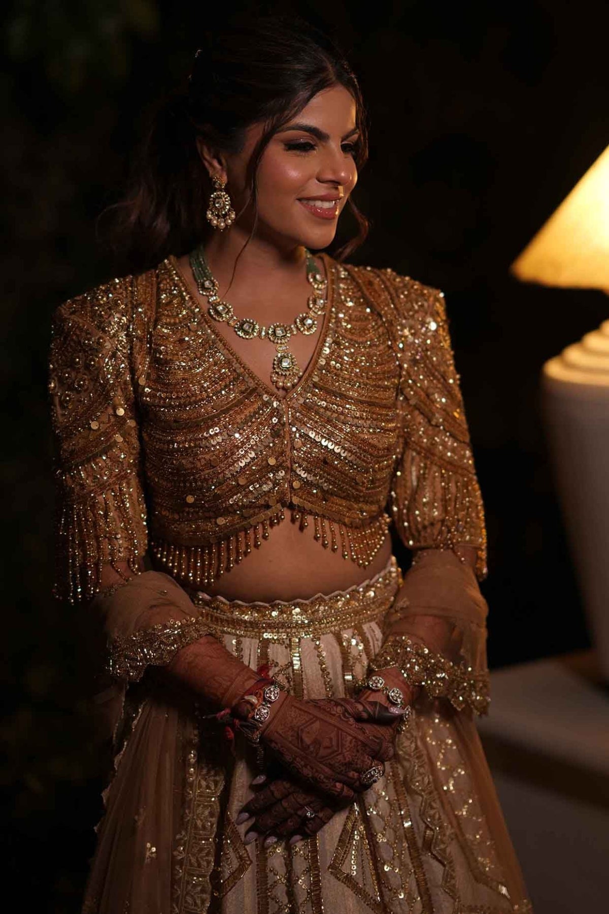 Cream & Gold Tissue Hand Embroidered Lehenga Set