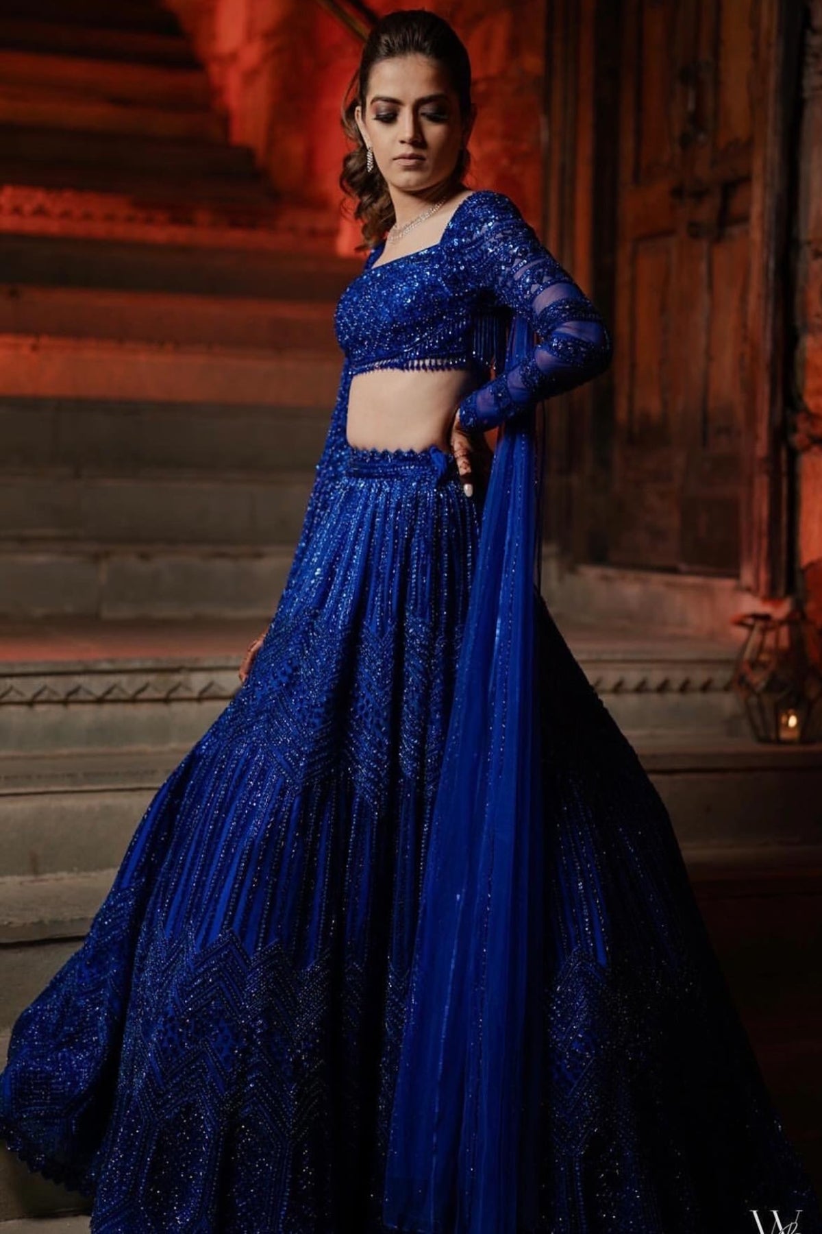 Blue Net Crystal & Cutdana Embroidered Lehenga Set