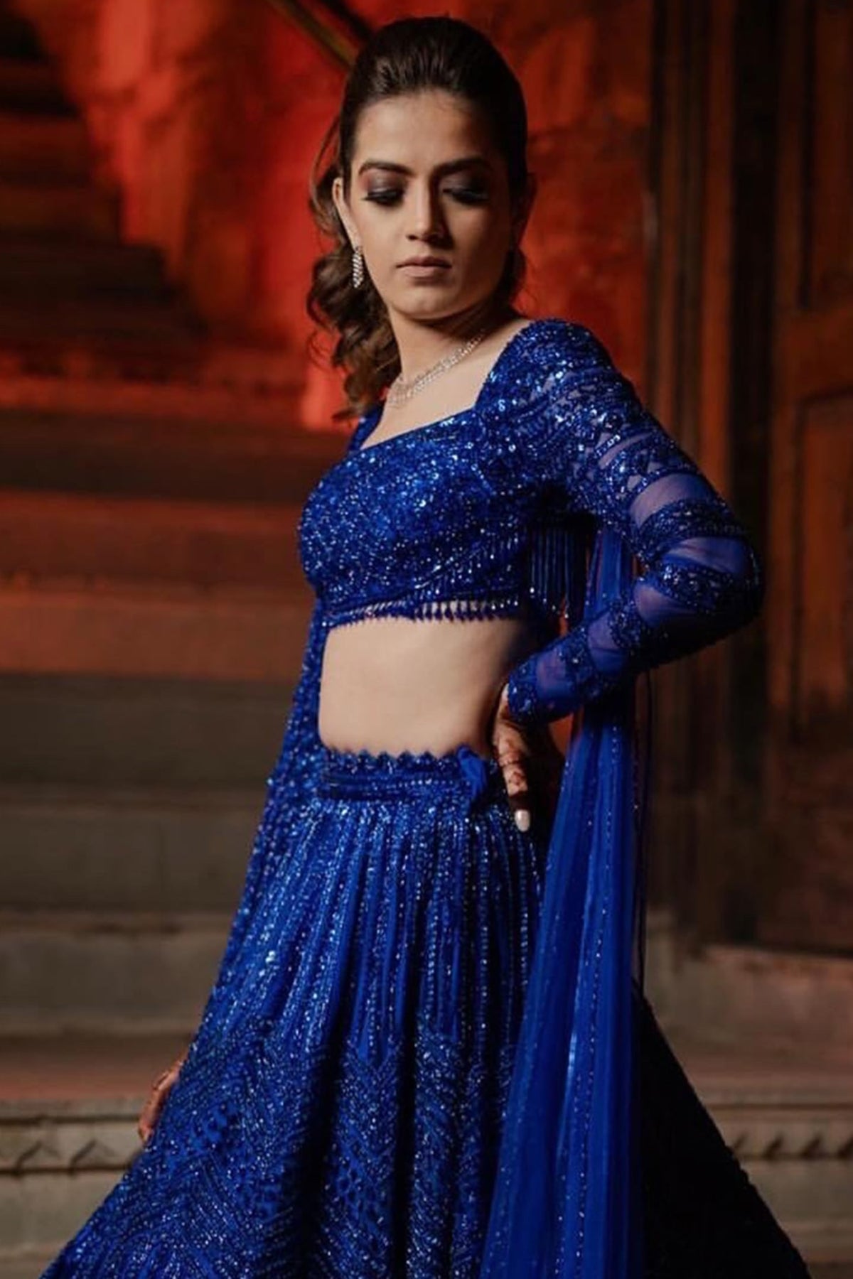 Blue Net Crystal & Cutdana Embroidered Lehenga Set