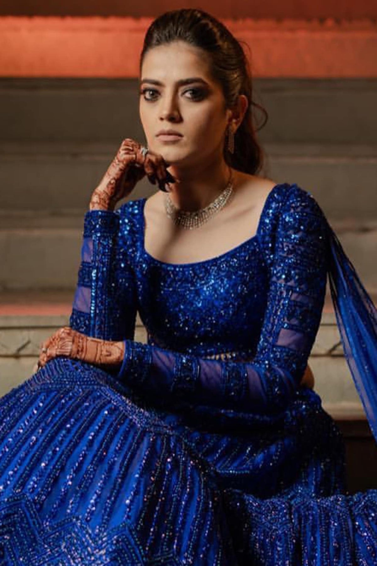 Blue Net Crystal & Cutdana Embroidered Lehenga Set