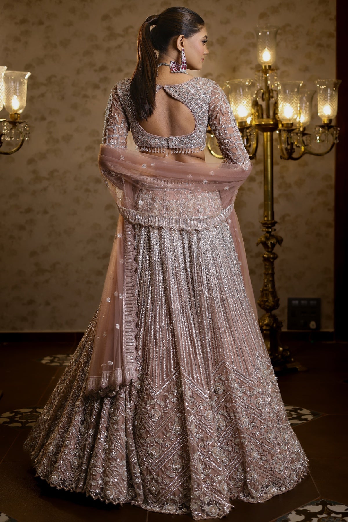 Biscoff Pink Net Sequins & Cutdana Embroidered Lehenga Set