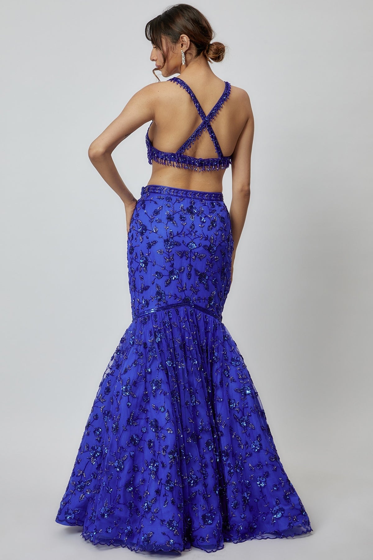 Electric Blue Net Embroidered Fish-Cut Lehenga Set