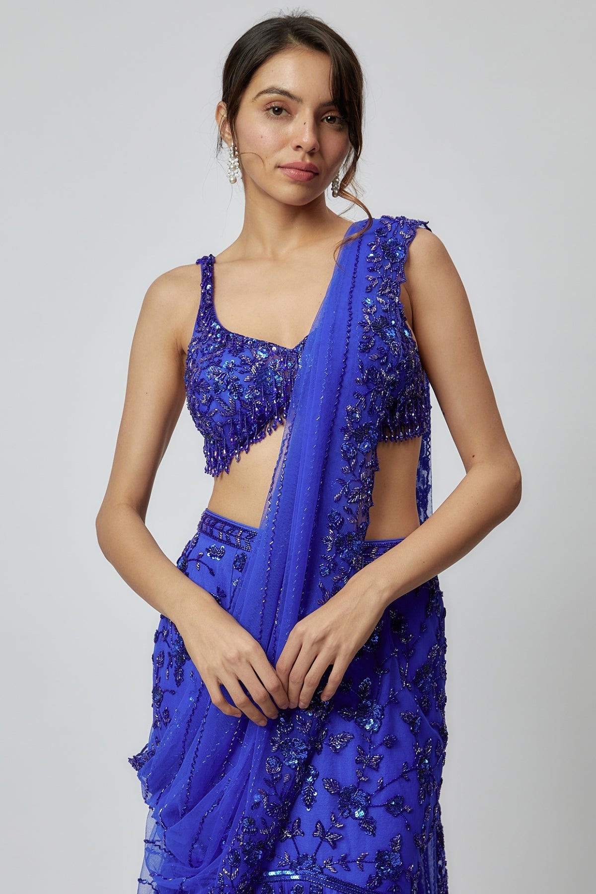 Electric Blue Net Embroidered Fish-Cut Lehenga Set