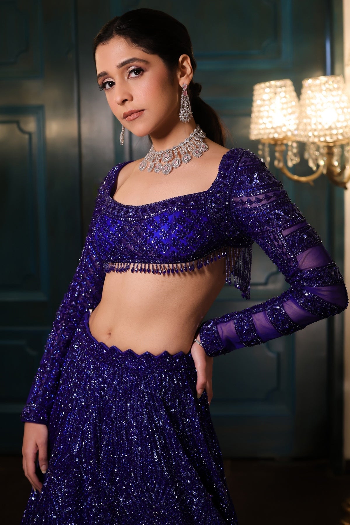 Electric Blue Net Sequins Embroidered Lehenga Set