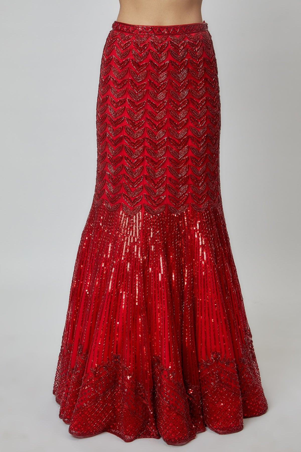 Red Net Embroidered Fish Cut Lehenga Set