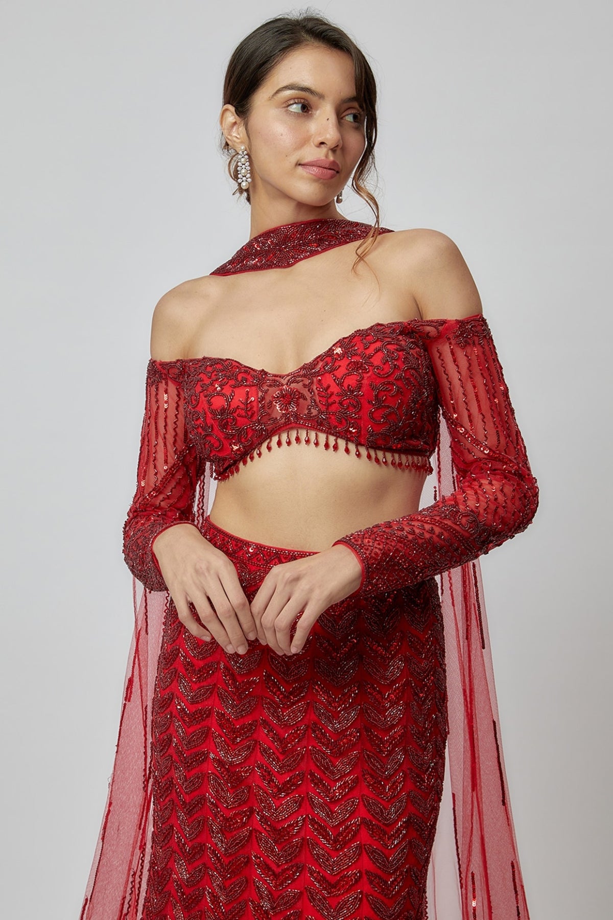 Red Net Embroidered Fish Cut Lehenga Set