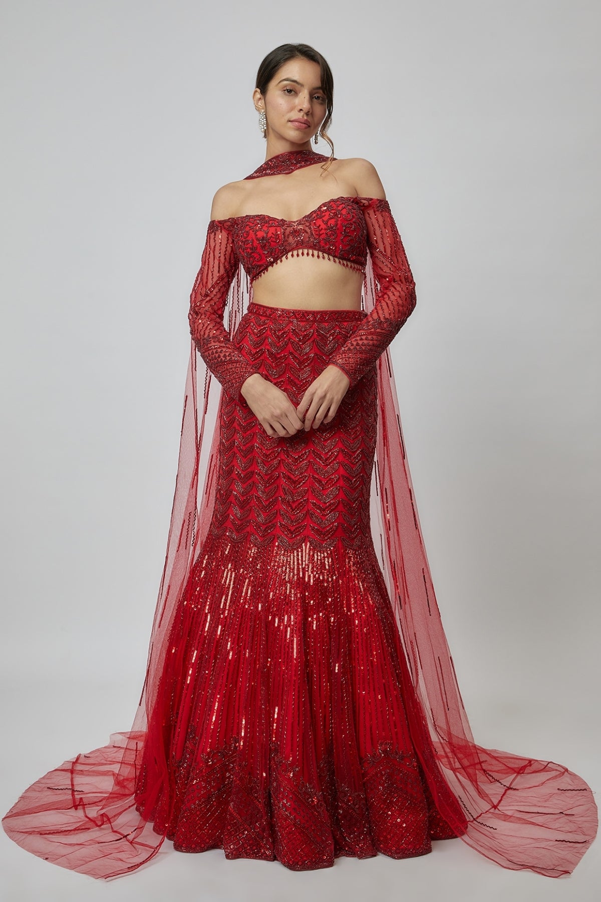 Red Net Embroidered Fish Cut Lehenga Set