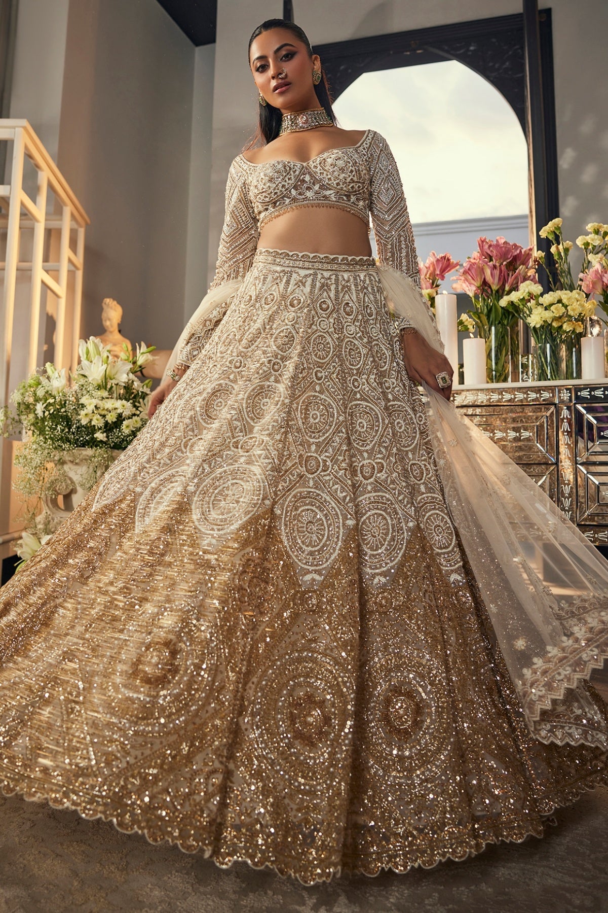 Ivory & Gold Net Sequins & Cutdana Embroidered Lehenga Set