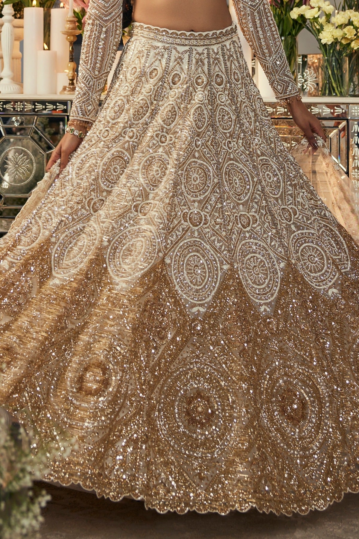 Ivory & Gold Net Sequins & Cutdana Embroidered Lehenga Set