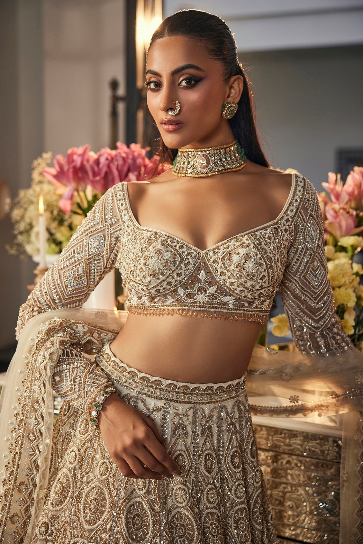 Ivory & Gold Net Sequins & Cutdana Embroidered Lehenga Set