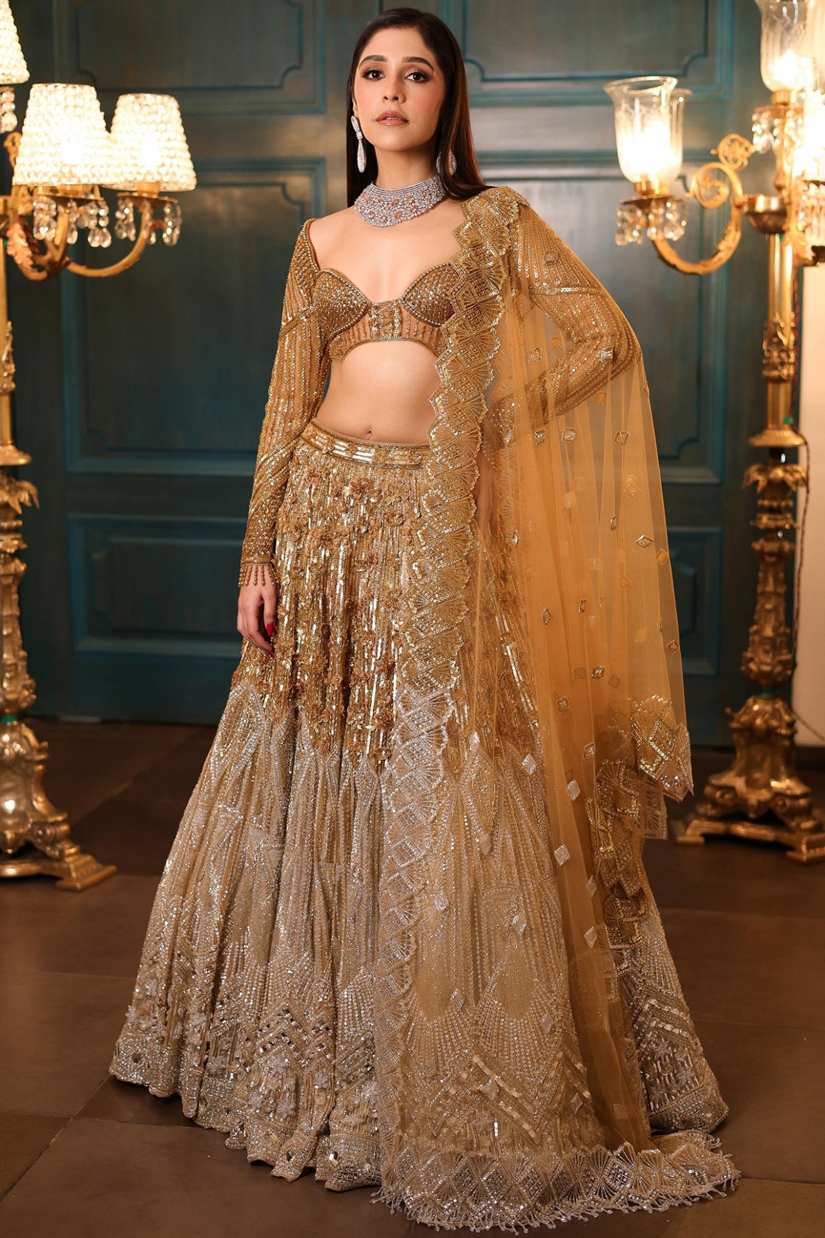Gold & Silver Ombre Net Sequins Embroidered Lehenga Set