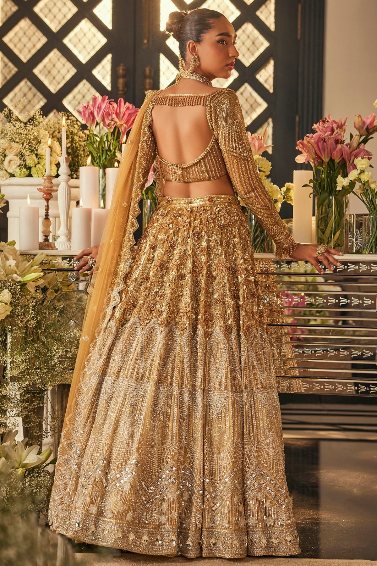 Gold & Silver Ombre Net Sequins Embroidered Lehenga Set