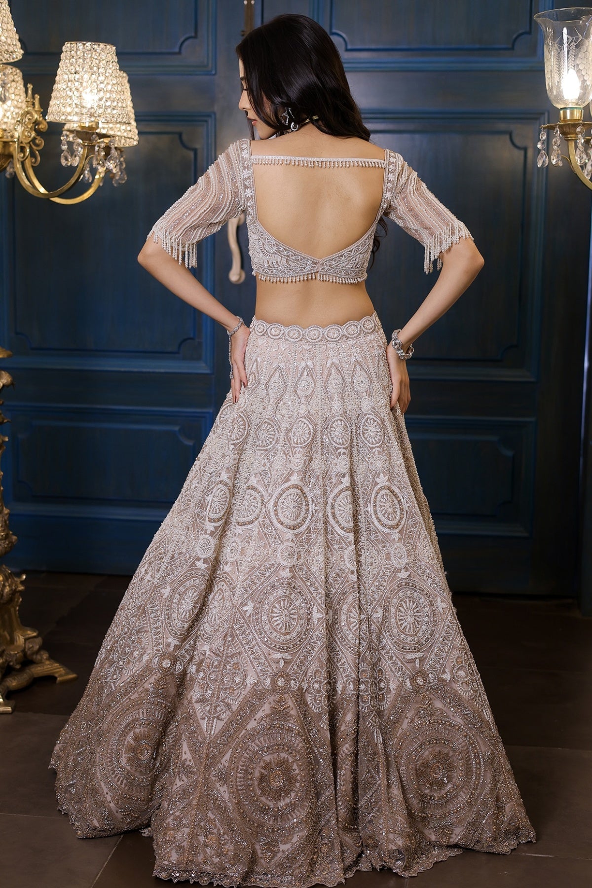 Ivory & Champagne Ombre Net Sequins Embroidered Lehenga Set