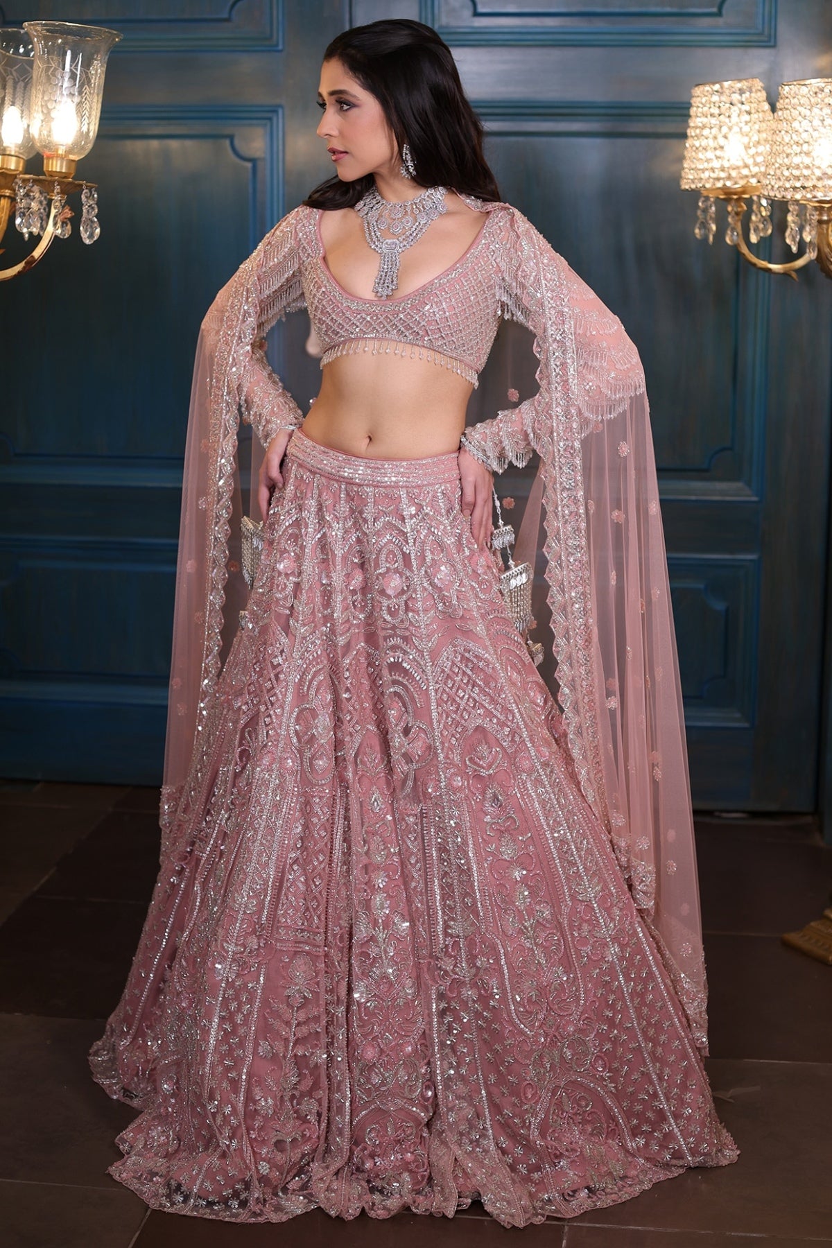 Dusty Pink Net Sequins & Pearls Embroidered Lehenga Set