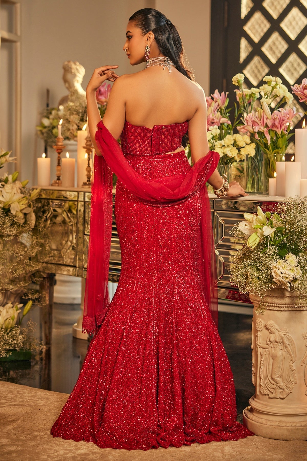 Scarlet Red Net Sequins & Cutdana Embroidered Fish-Cut Lehenga Set