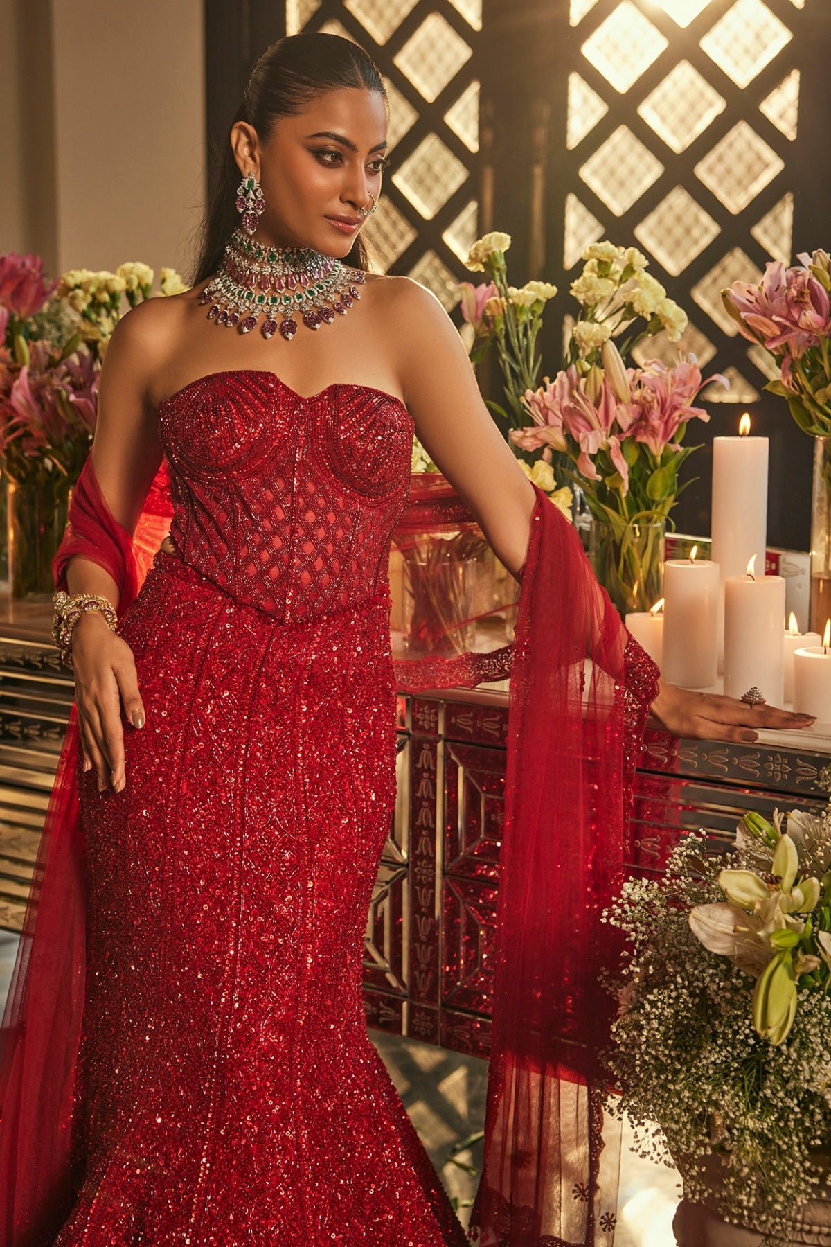 Scarlet Red Net Sequins & Cutdana Embroidered Fish-Cut Lehenga Set