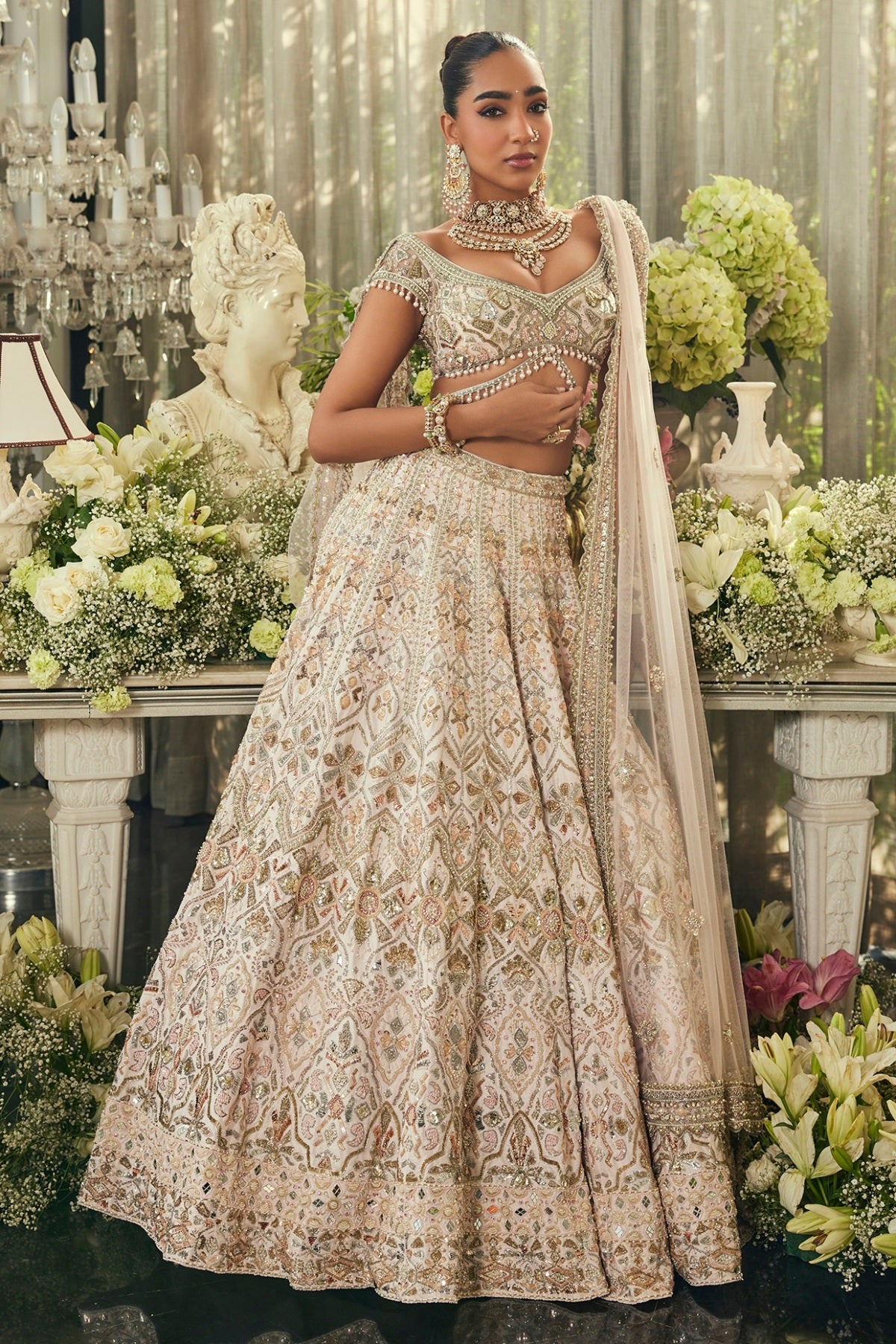 Blush Pink Raw Silk Sequins & Zardosi Embroidered Lehenga Set
