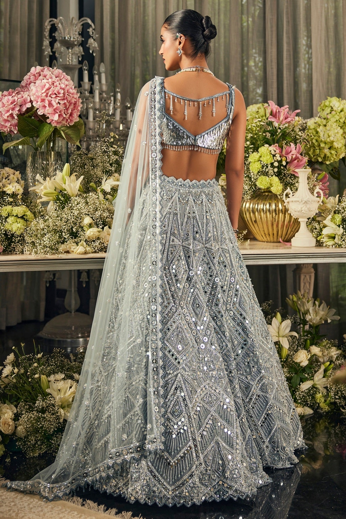 Blue Net Mirror & Sequins Embroidered Lehenga Set