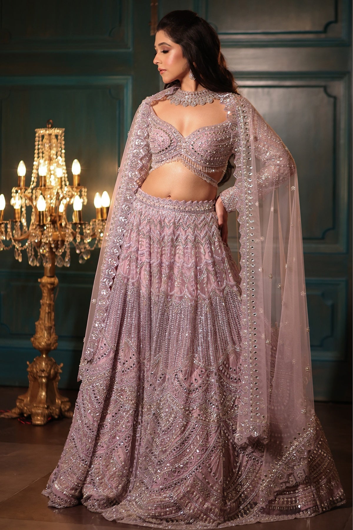 Lilac Net Sequins & Crystal Embroidered Lehenga Set