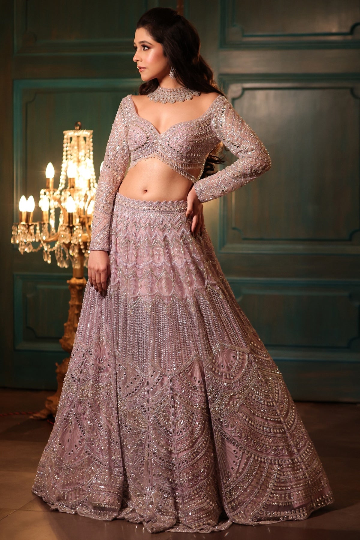 Lilac Net Sequins & Crystal Embroidered Lehenga Set