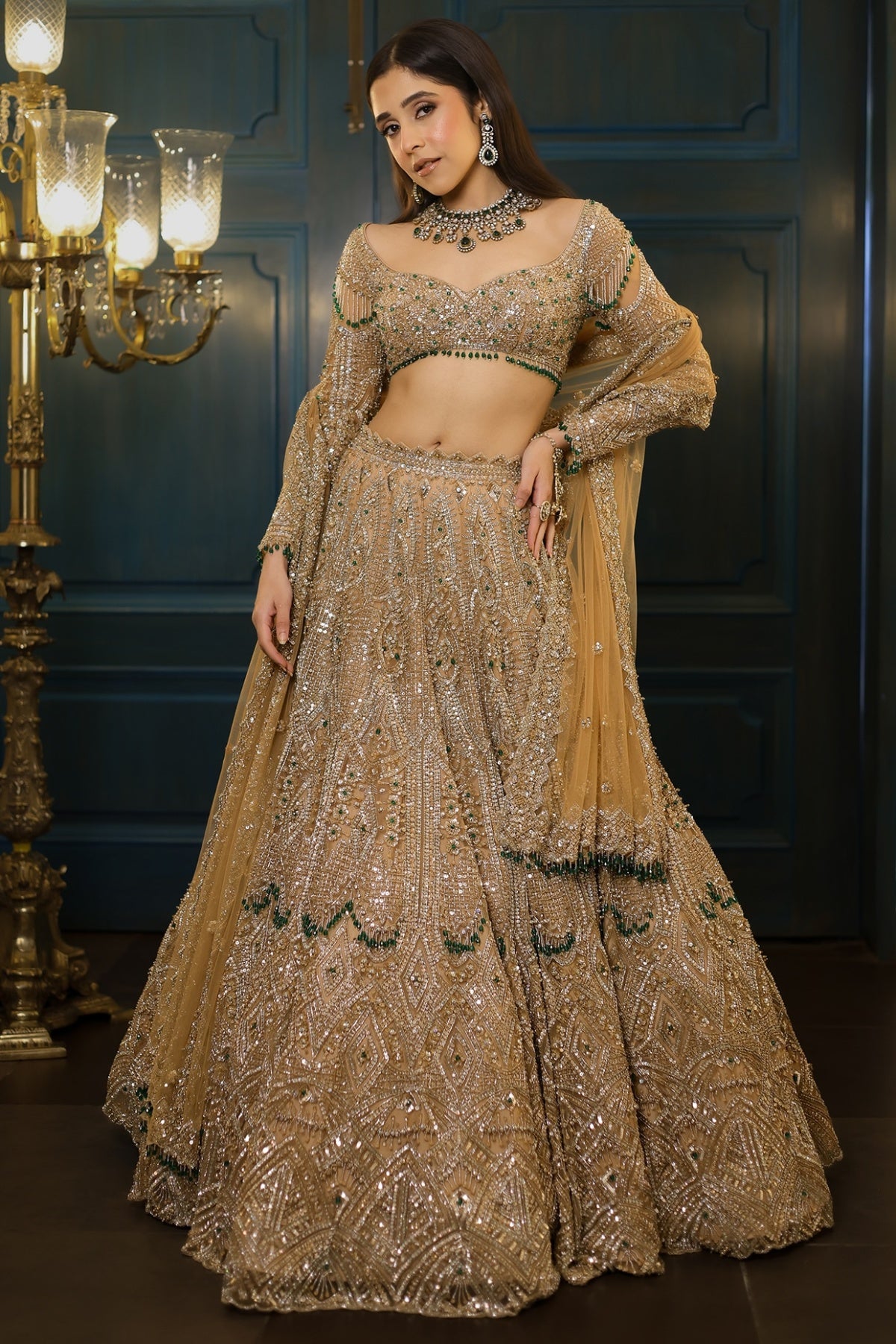 Gold Net Floral Embroidered Lehenga Set