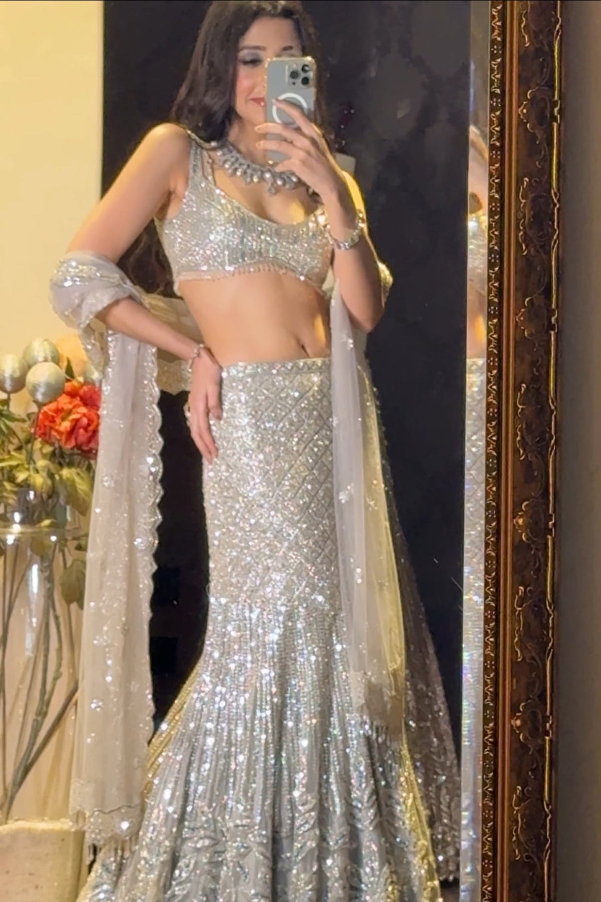 Serena Silver Net Floral Motif Embroidered Lehenga Set