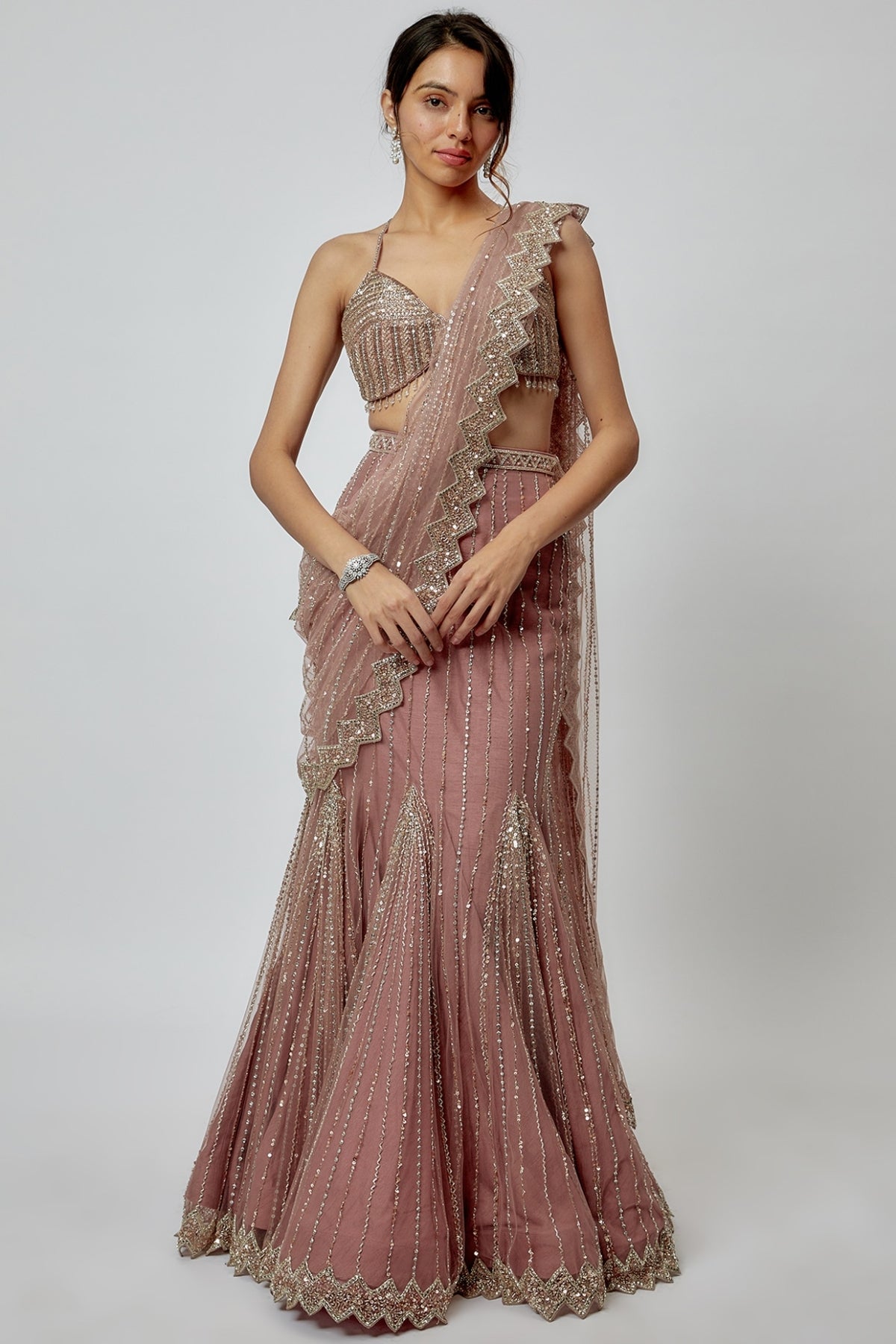 Champagne Pink Net Embroidered Pre-Draped Saree Set