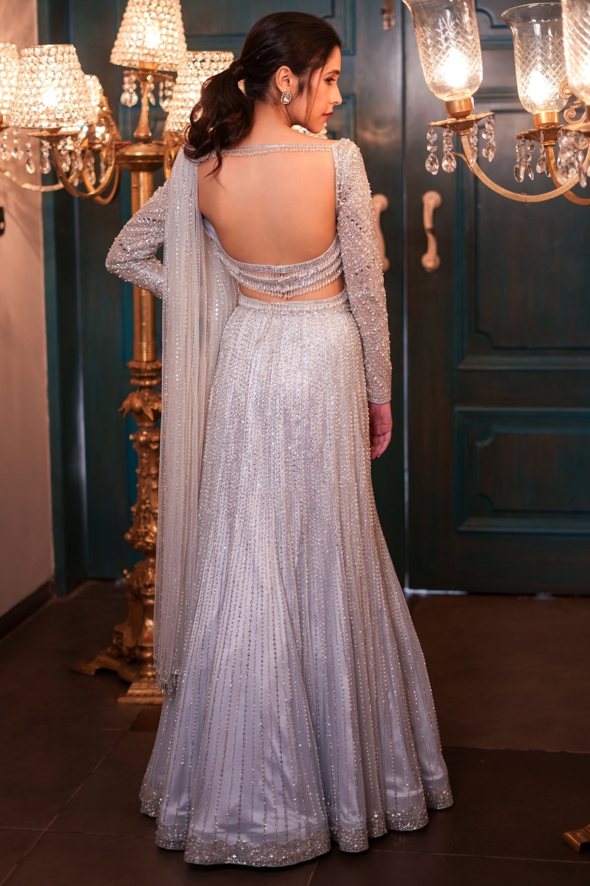 Ice Blue Net Sequins & Crystal Embroidered Pre-Draped Lehenga Saree Set