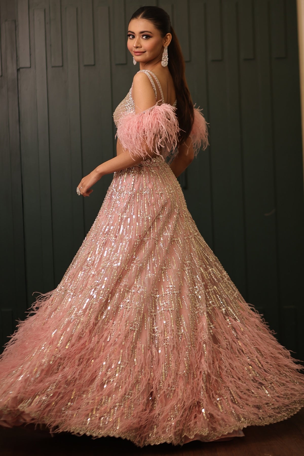 Pink Net Sequins & Cutdana Embroidered Lehenga Set