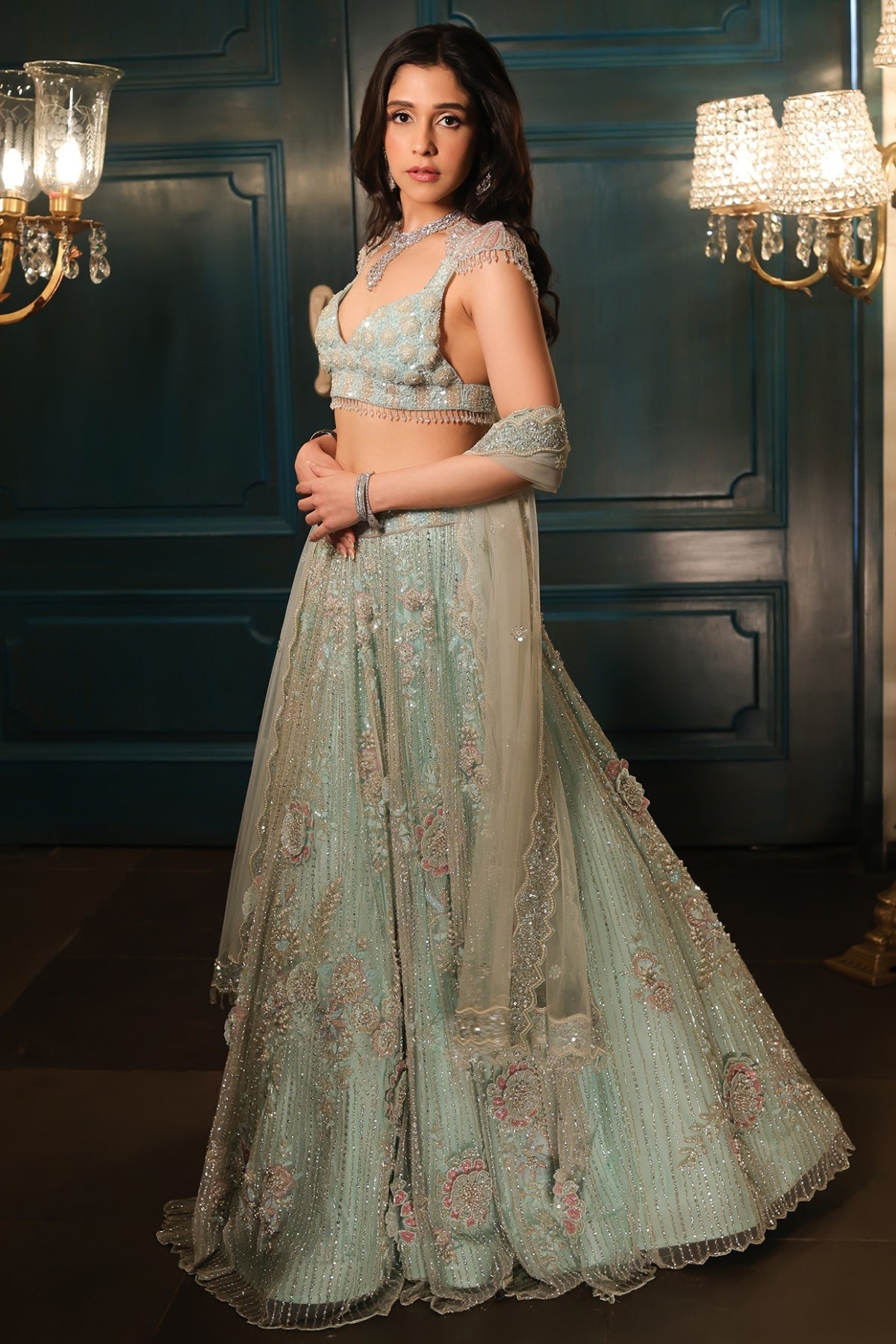 Sea Green Net Hand Embroidered Lehenga Set