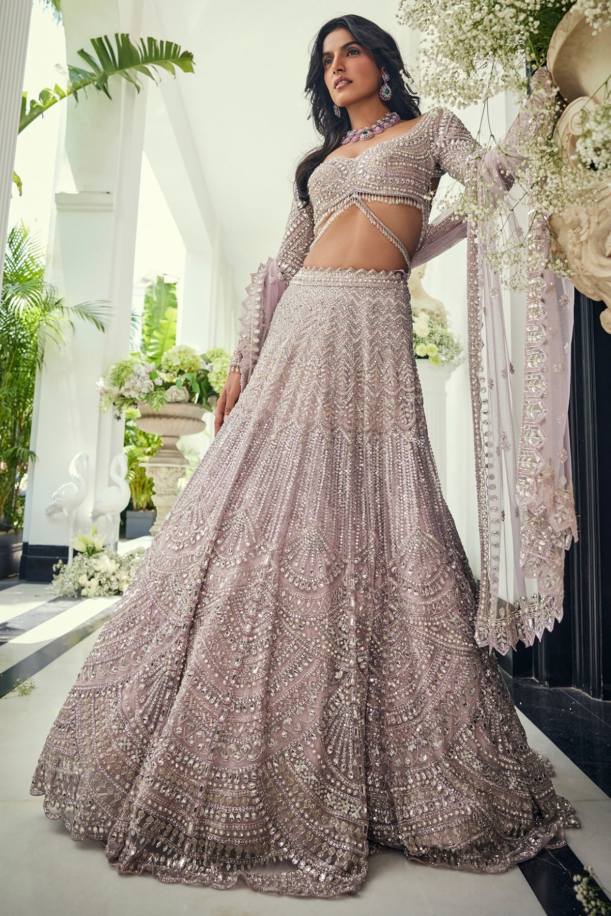 Lilac Net Sequins & Cutdana Embroidered Lehenga Set
