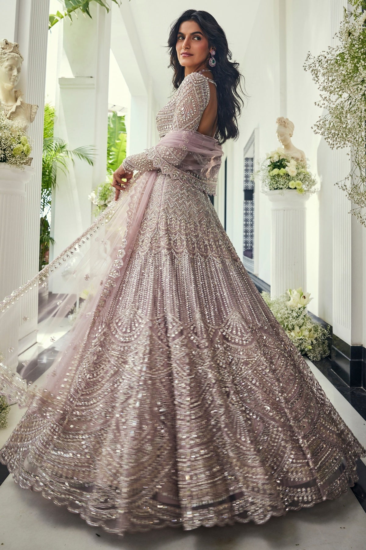 Lilac Net Sequins & Cutdana Embroidered Lehenga Set