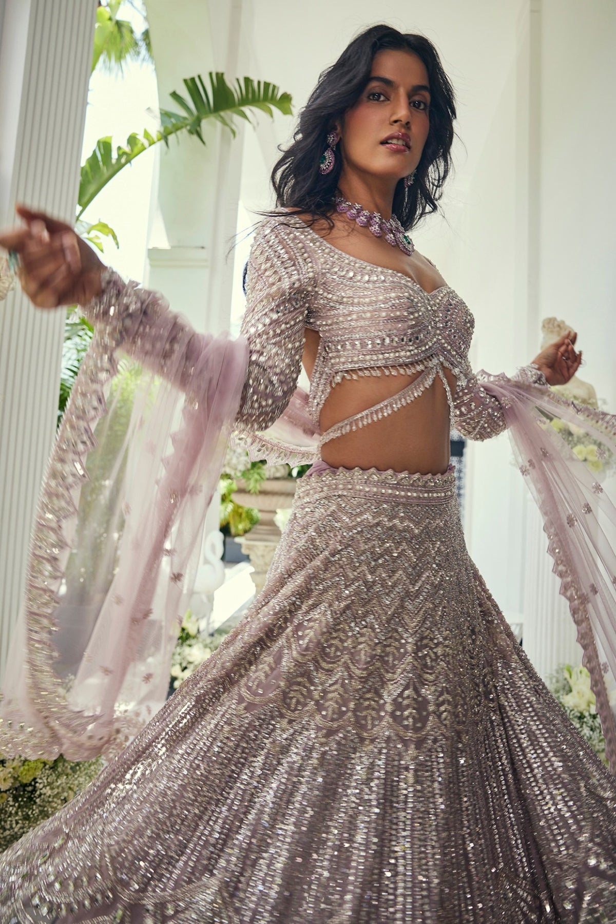 Lilac Net Sequins & Cutdana Embroidered Lehenga Set