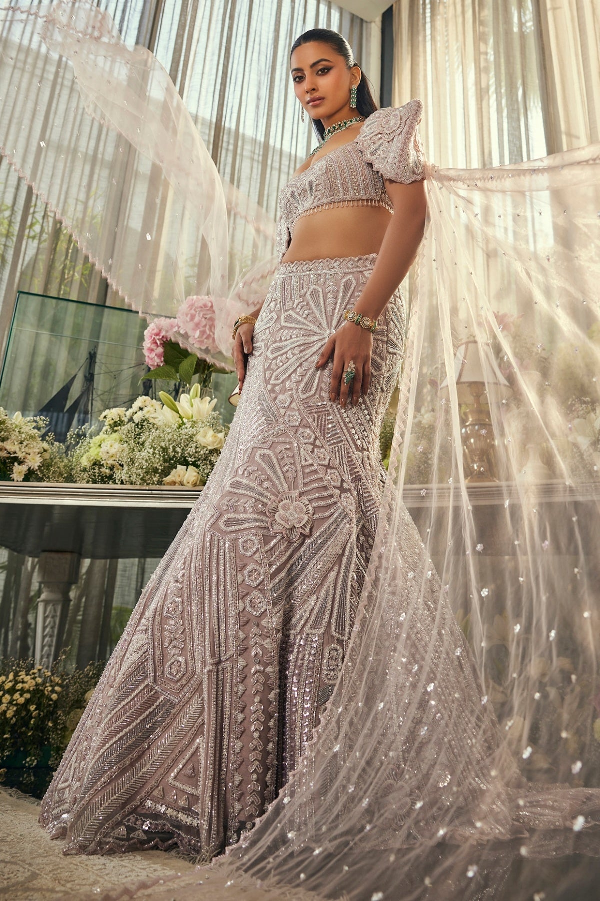 Lavender Net Sequins & Cudana Embroidered Mermaid Lehenga Set