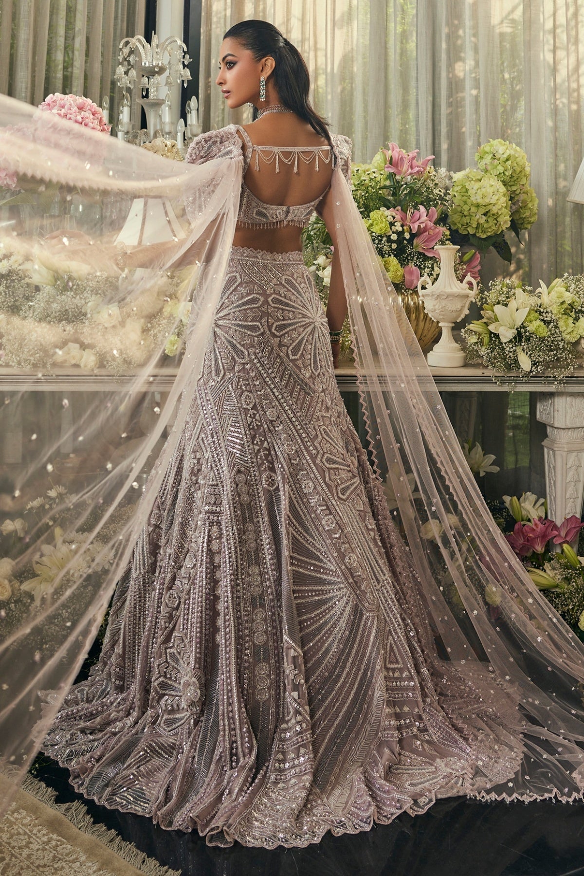 Lavender Net Sequins & Cudana Embroidered Mermaid Lehenga Set