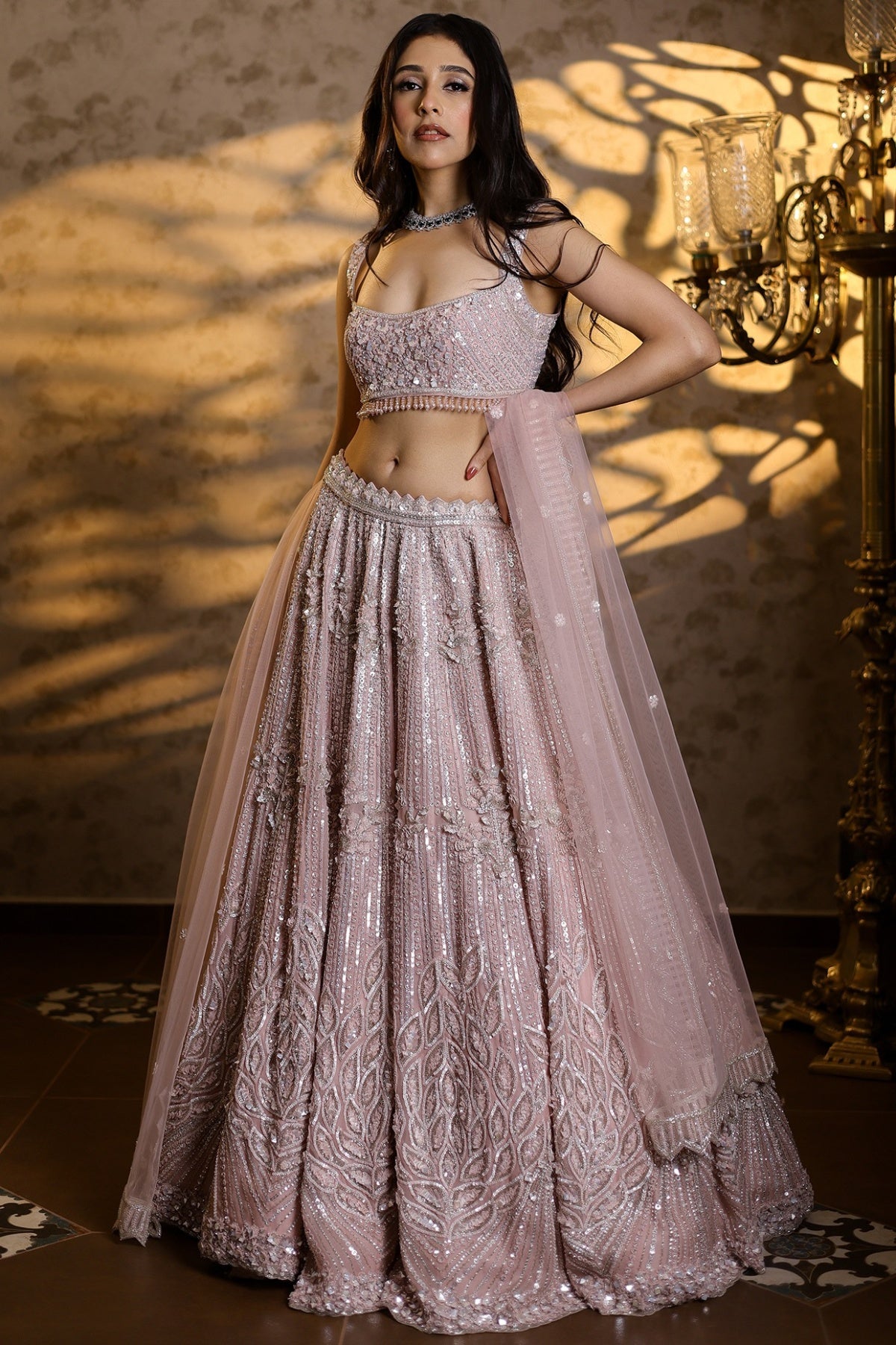 Powder Pink Organza Silk Hand Embroidered Lehenga Set