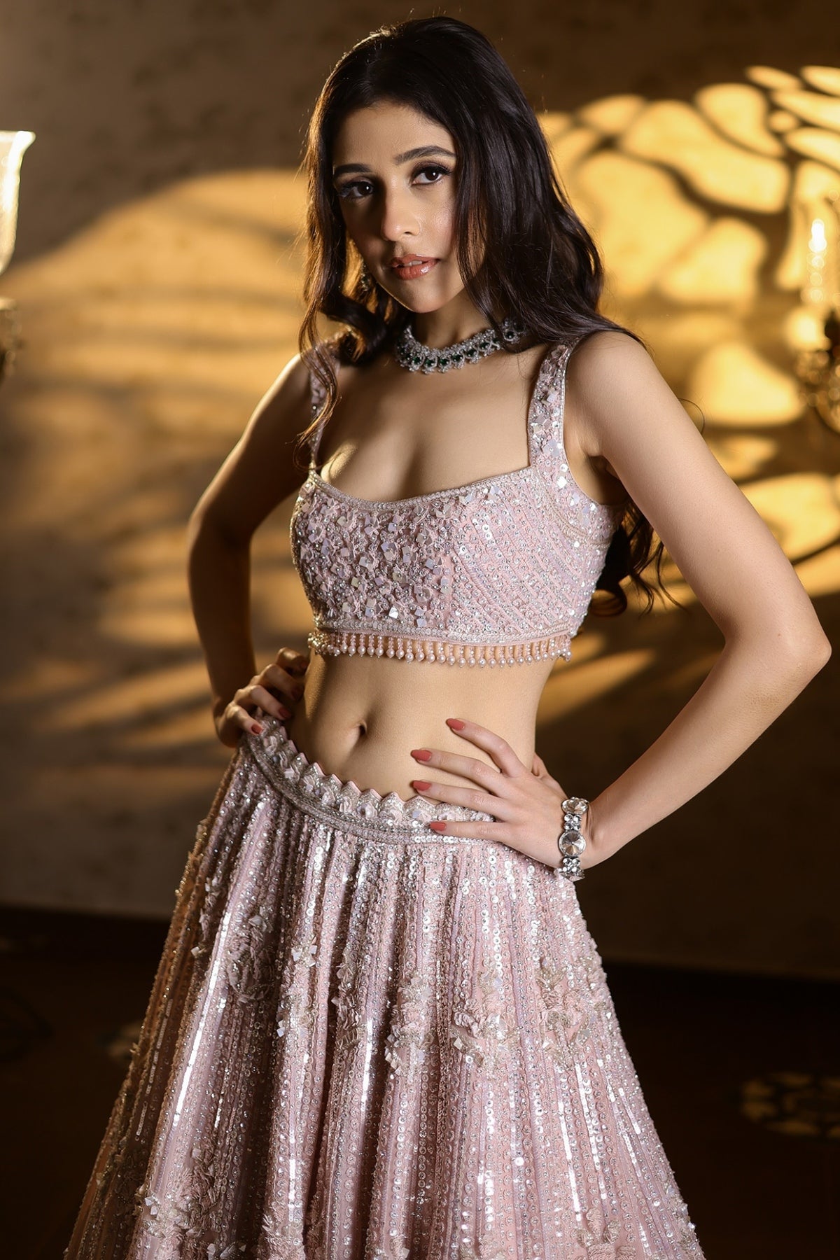 Powder Pink Organza Silk Hand Embroidered Lehenga Set