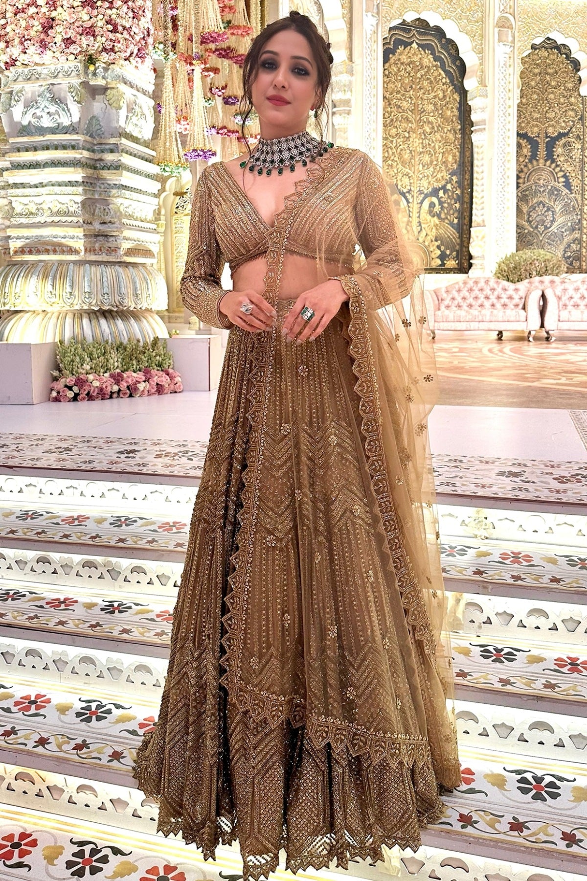 Dark Gold Net Hand Embroidered Lehenga Set
