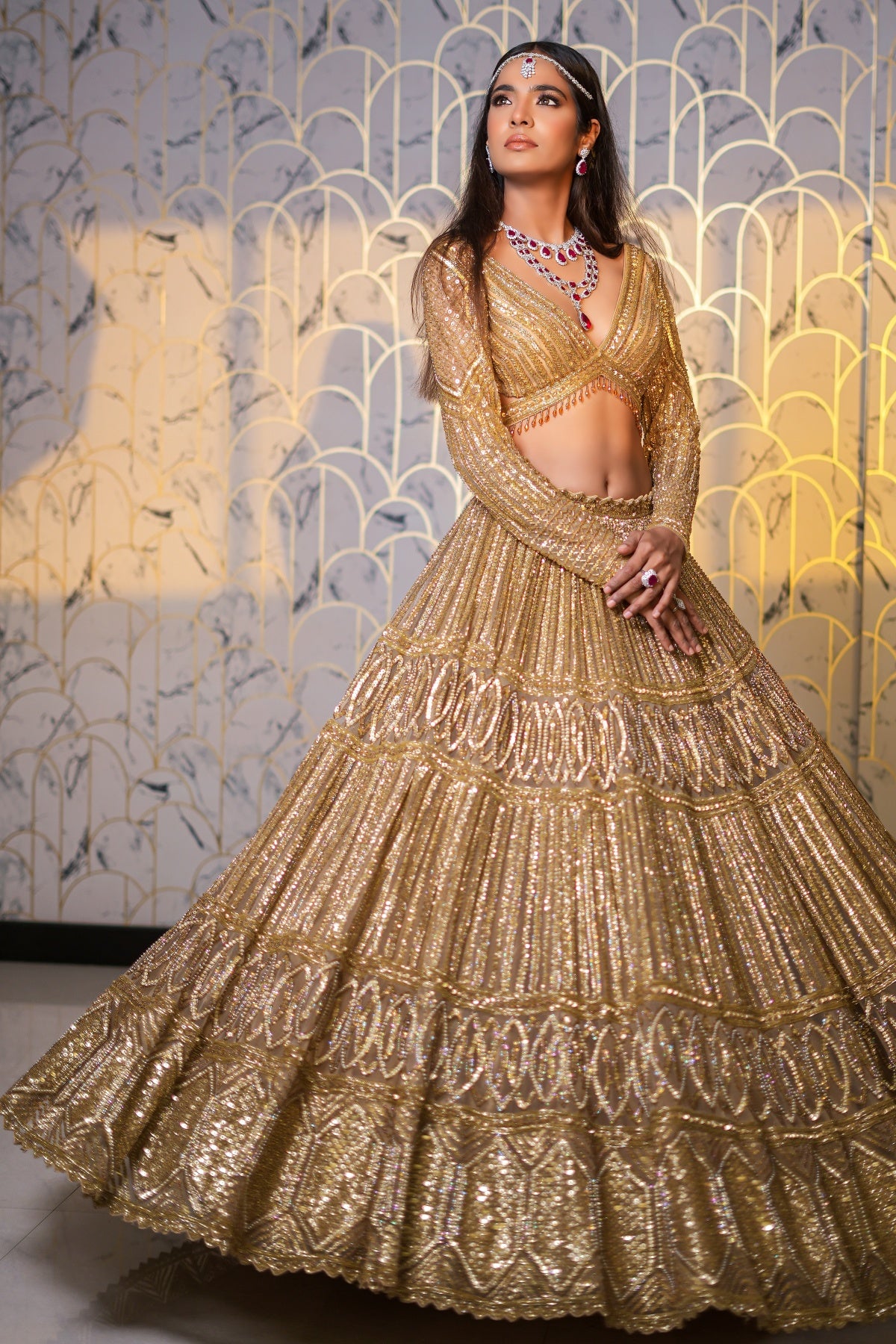 Dark Gold Net Hand Embroidered Lehenga Set