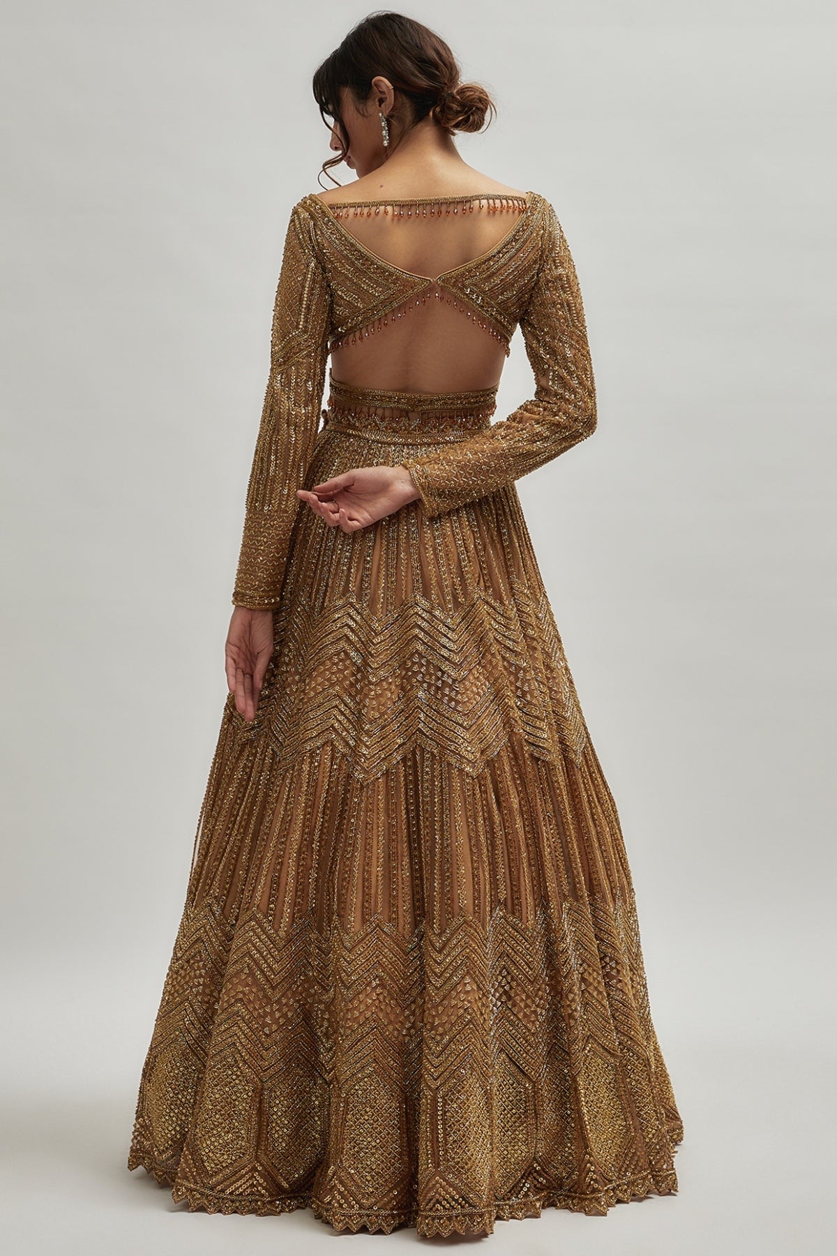 Dark Gold Net Hand Embroidered Lehenga Set