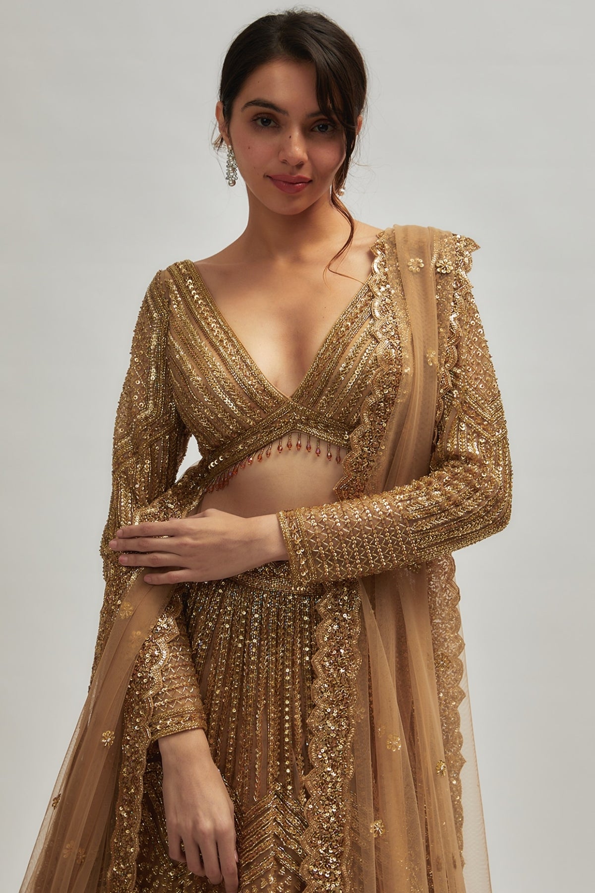 Dark Gold Net Hand Embroidered Lehenga Set