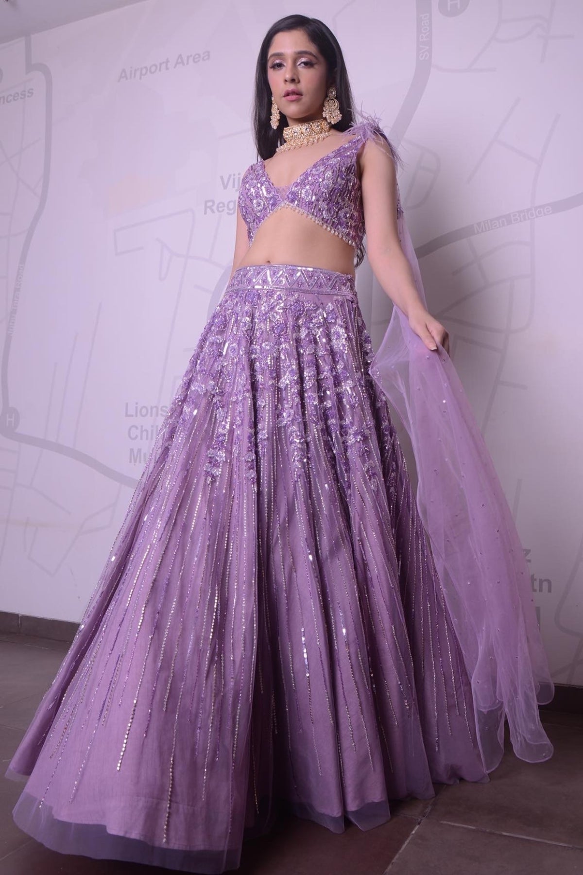 Lavender Net Crystal & Sequins Embroidered Lehenga Set