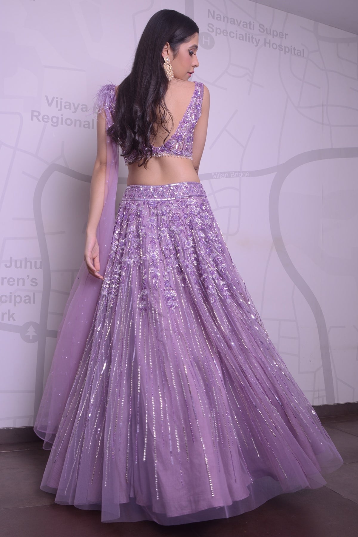 Lavender Net Crystal & Sequins Embroidered Lehenga Set