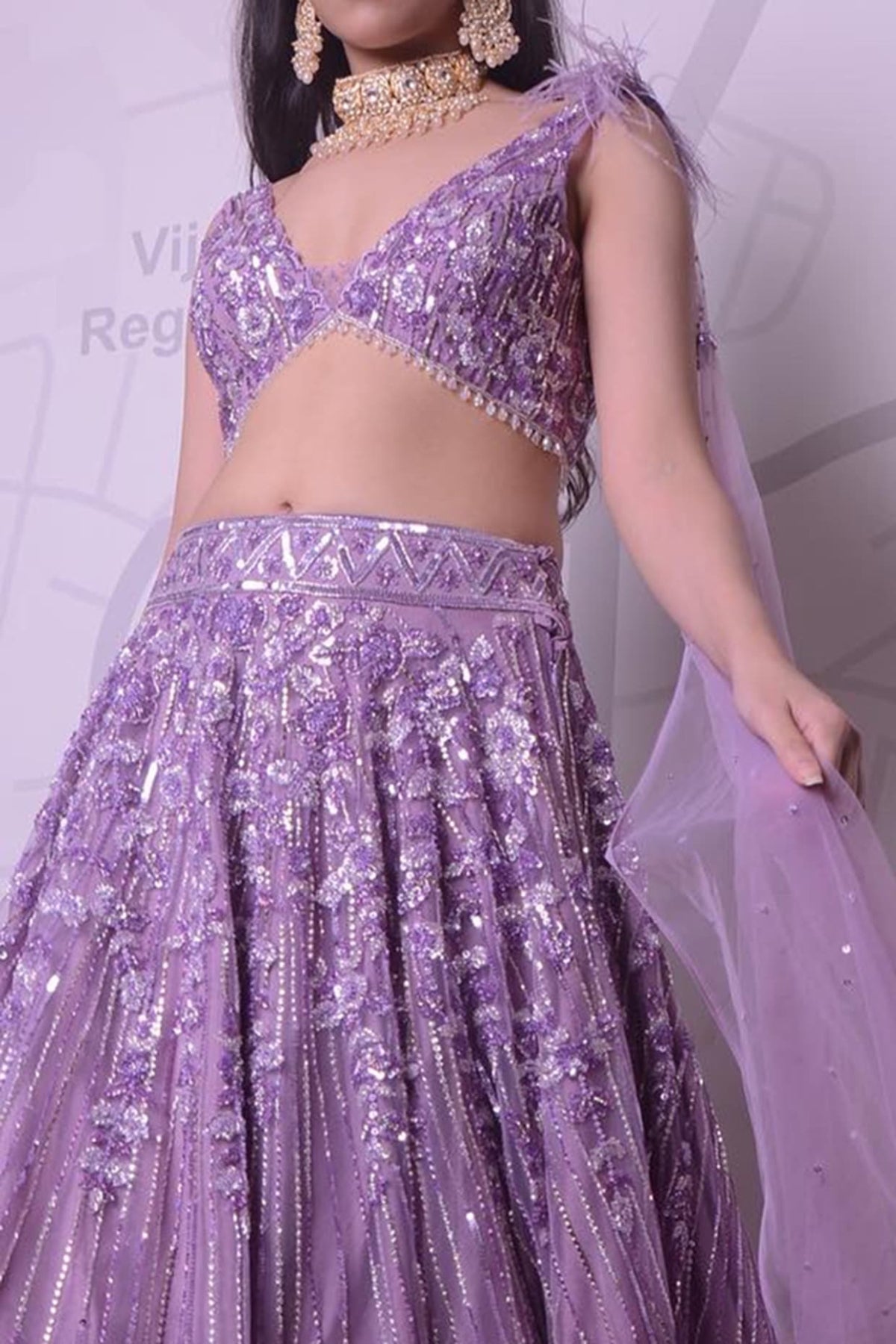 Lavender Net Crystal & Sequins Embroidered Lehenga Set