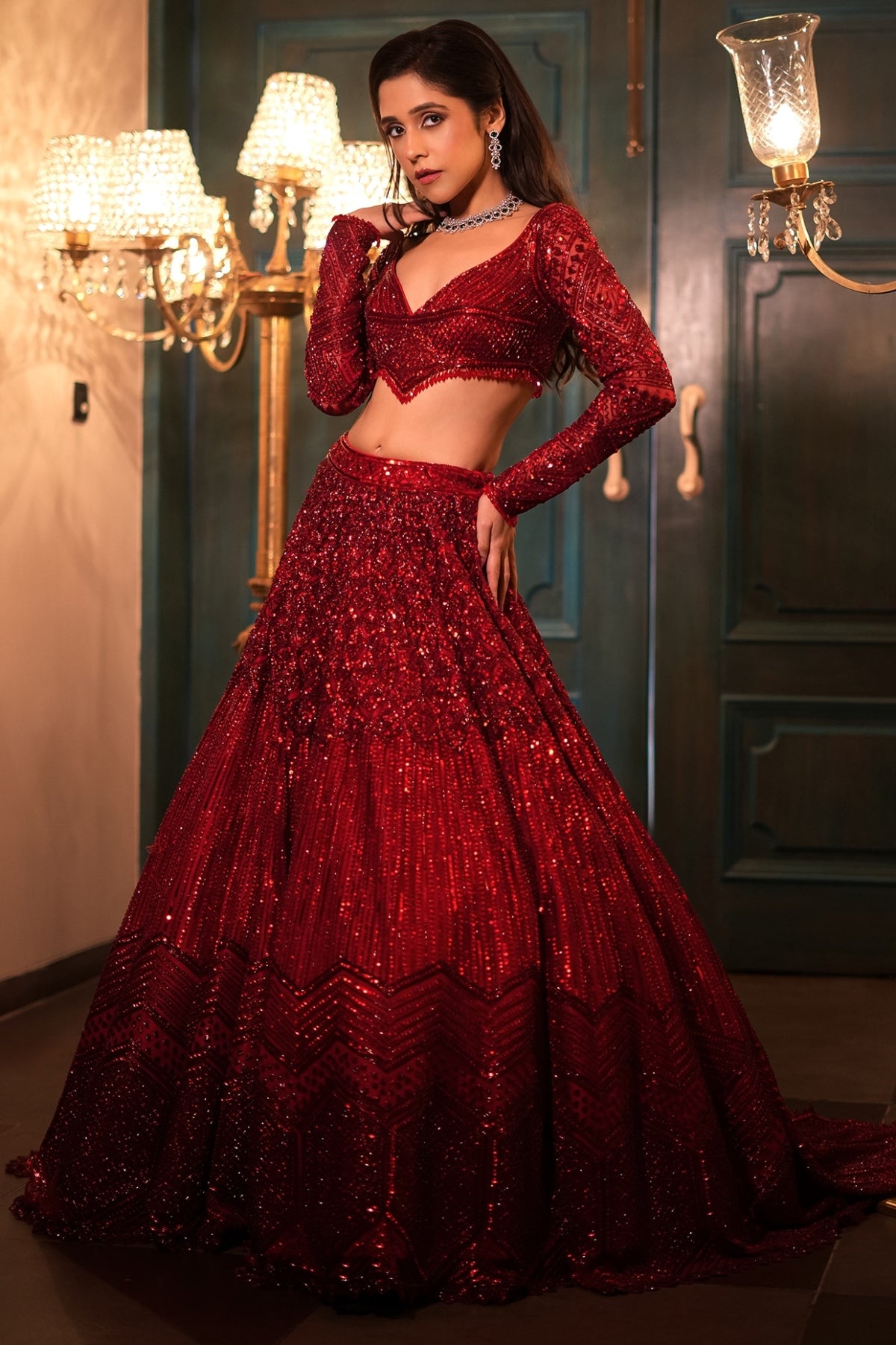 Deep Red Net Sequins & Crystal Embroidered Lehenga Set