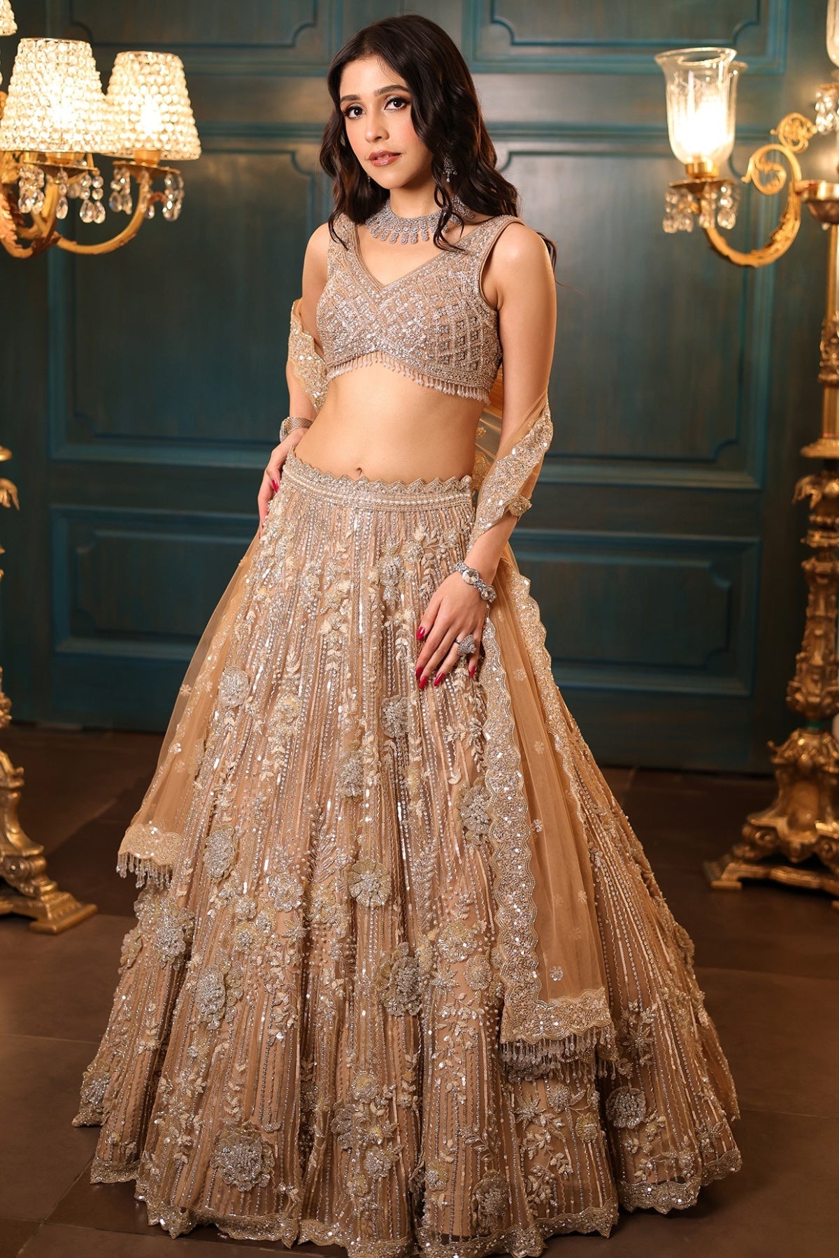 Gold Net Hand Embroidered Lehenga Set