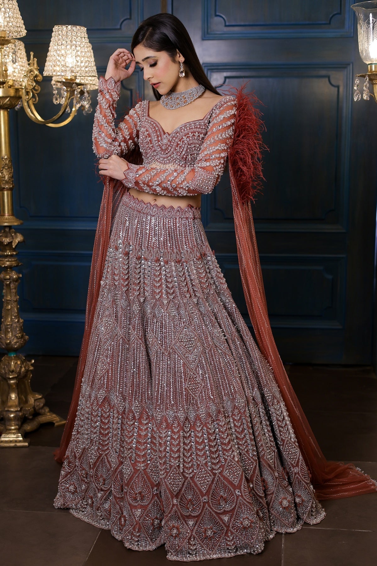 Peachy Brown Net Cutdana Embroidered Lehenga Set