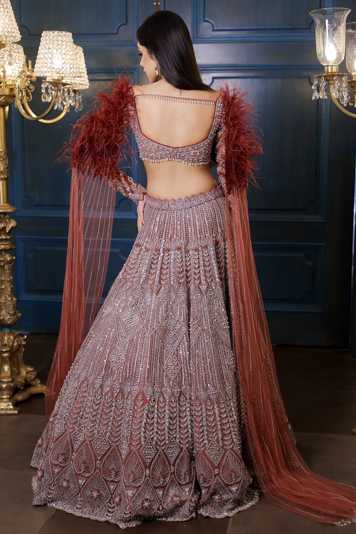 Peachy Brown Net Cutdana Embroidered Lehenga Set