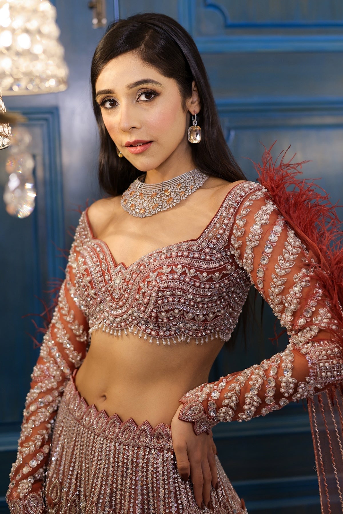 Peachy Brown Net Cutdana Embroidered Lehenga Set